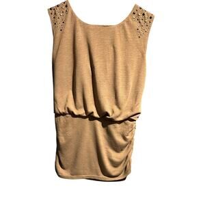studioY Sleeveless shirt with metal studs taupe boho draped neckline neutral